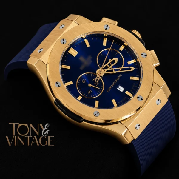 Chronograph Yellow Gold Watch with Blue Dial and PVC Strap 2 copy