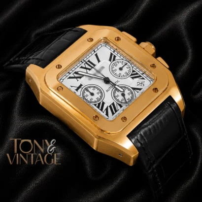 Chronograph Yellow Gold Watch with White Dial and Black Leather Strap