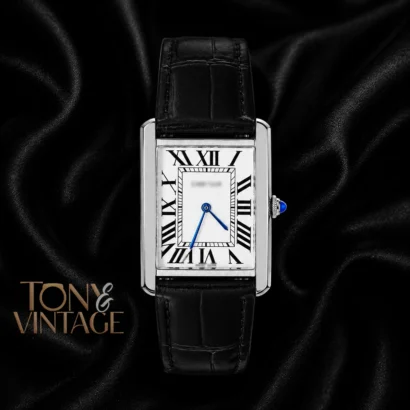 Rectangular Silver Case Watch With White Dial & Black Leather Strap