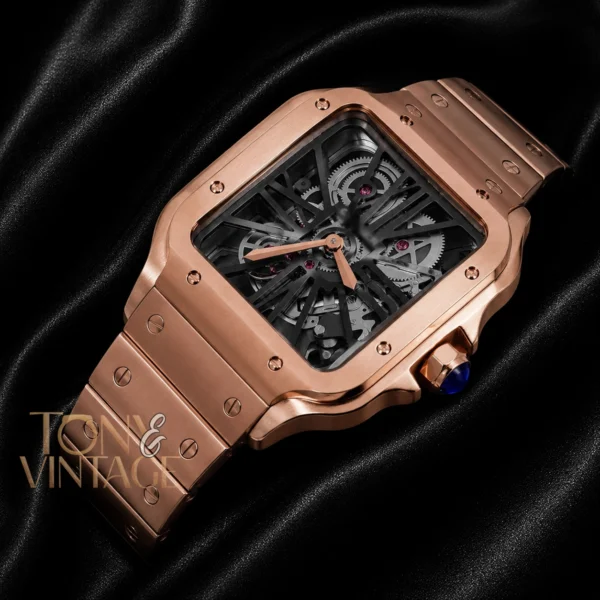 Rose Gold Automatic Watch with Black Skeleton Dial