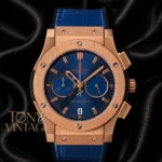 Rose Gold Chronograph With Blue Dial and Leather Strap
