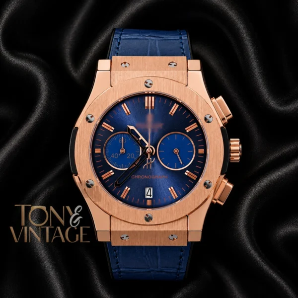 Rose Gold Chronograph With Blue Dial and Leather Strap