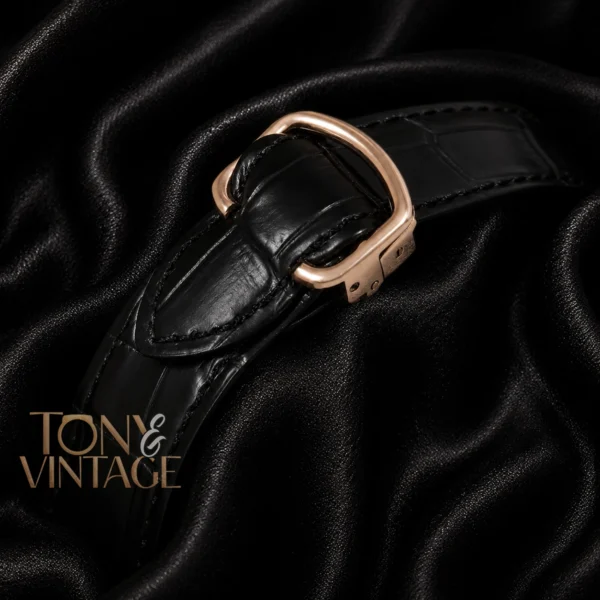 Rose Gold Watch With White Dial and Black Leather Strap