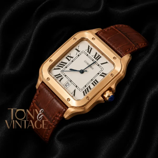 Rose Gold Watch With White Dial and Brown Leather Strap