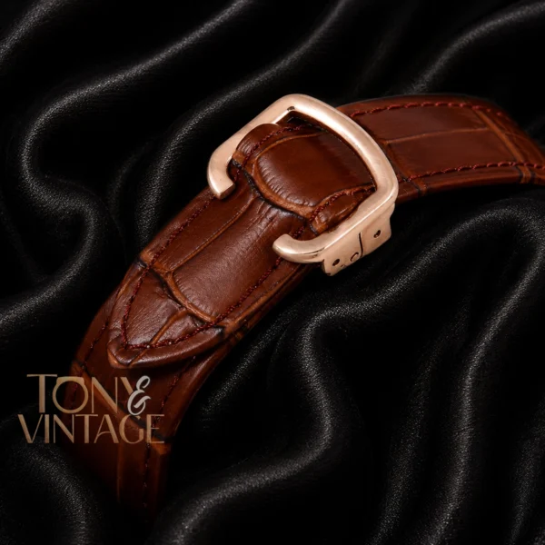 Rose Gold Watch With White Dial and Brown Leather Strap