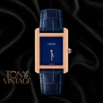 Rose Gold Watch with Blue Dial and Leather Strap