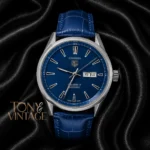 Silver Automatic Watch With Blue Dial and Leather Strap