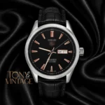 Silver Automatic Watch with Black Dial and Leather Strap