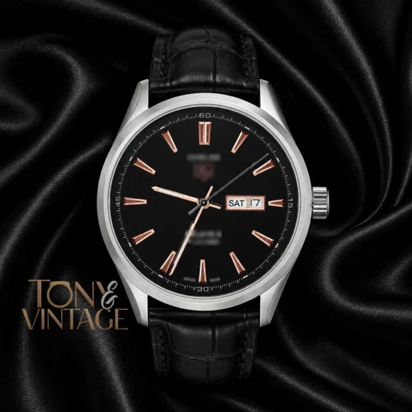 Silver Automatic Watch with Black Dial and Leather Strap copy