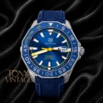 Silver Automatic Watch with Blue Dial and Bezel