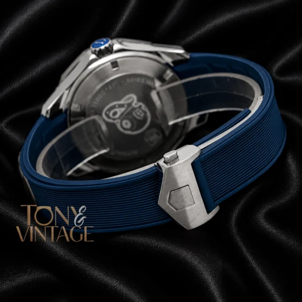 Silver Automatic Watch with Blue Dial and Bezel