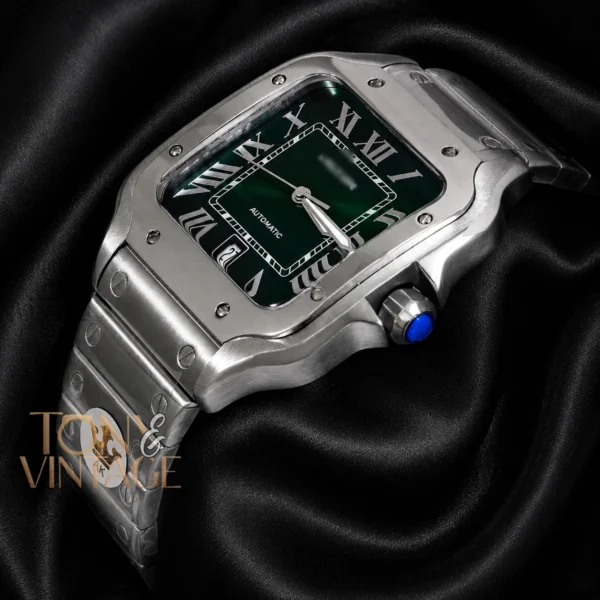 Silver Automatic Watch with Green Dial and Roman Numerals