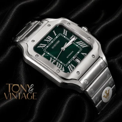 Silver Automatic Watch with Green Dial and Roman Numerals
