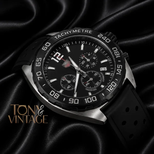 Silver Case with Black Dial, Bezel, and Black Rubber Strap Watch