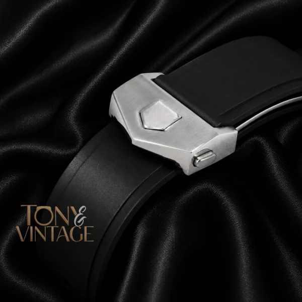 Silver Case with Black Dial, Bezel, and Black Rubber Strap Watch