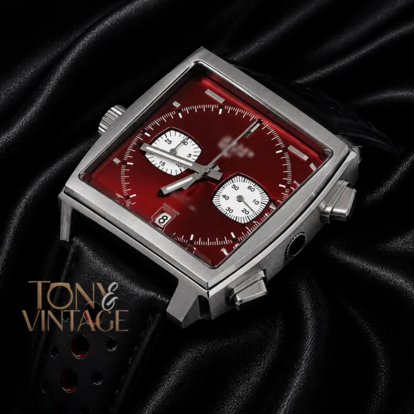 Silver Case with Red Dial & Black Leather Strap Watch