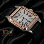 Silver Case with Rose Gold Bezel and Black Leather Strap