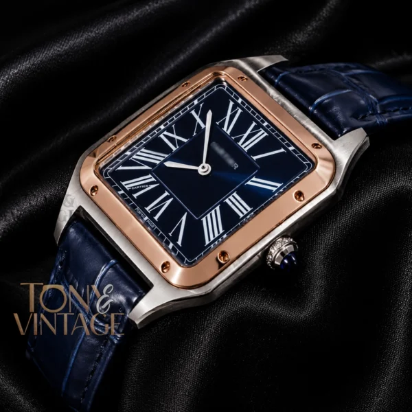Silver Case with Rose Gold Bezel and Blue Leather Strap