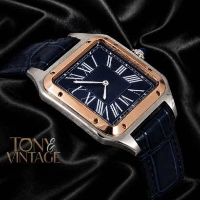Silver Case with Rose Gold Bezel and Blue Leather Strap