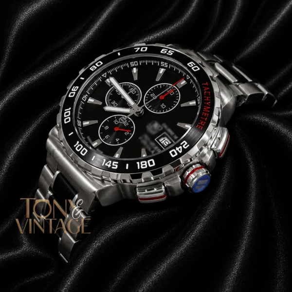 Silver Chronograph Watch with Black Dial