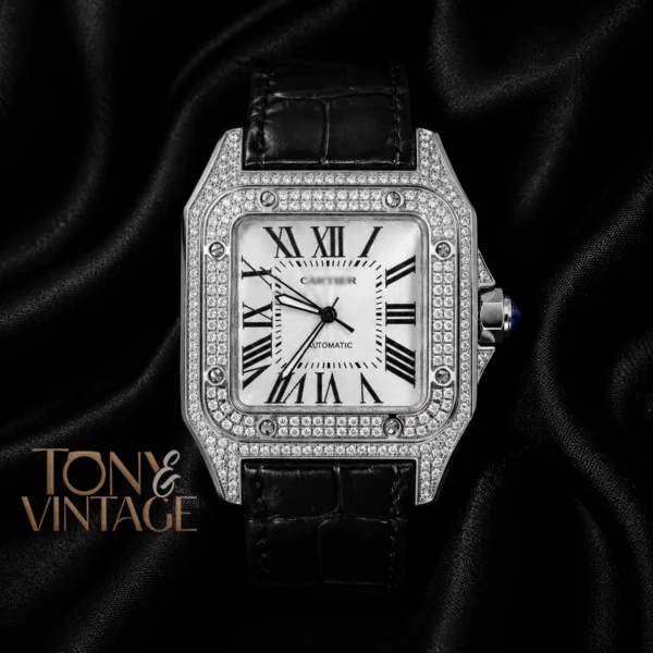 Silver Stone Case with White Dial and Black Leather Strap