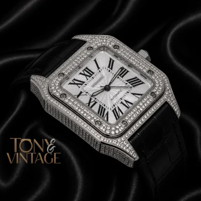 Silver Stone Case with White Dial and Black Leather Strap