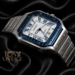 Silver Watch With Blue Bezel and White Dial Chain Strap