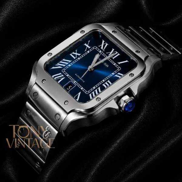 Silver Watch With Blue Dial and Roman Numerals