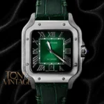 Silver Watch With Green Dial & Leather Strap