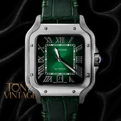 Silver Watch With Green Dial & Leather Strap
