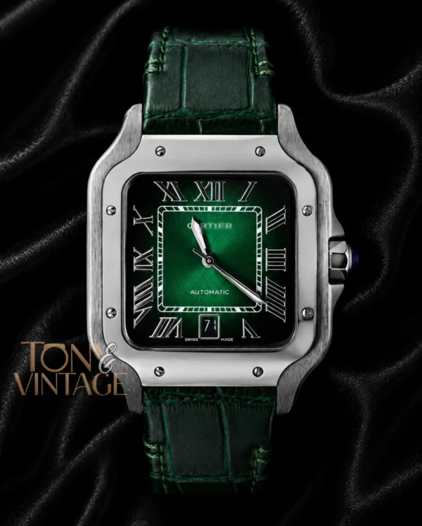 Silver Watch With Green Dial & Leather Strap copy