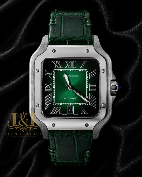 Silver Watch With Green Dial & Leather Strap