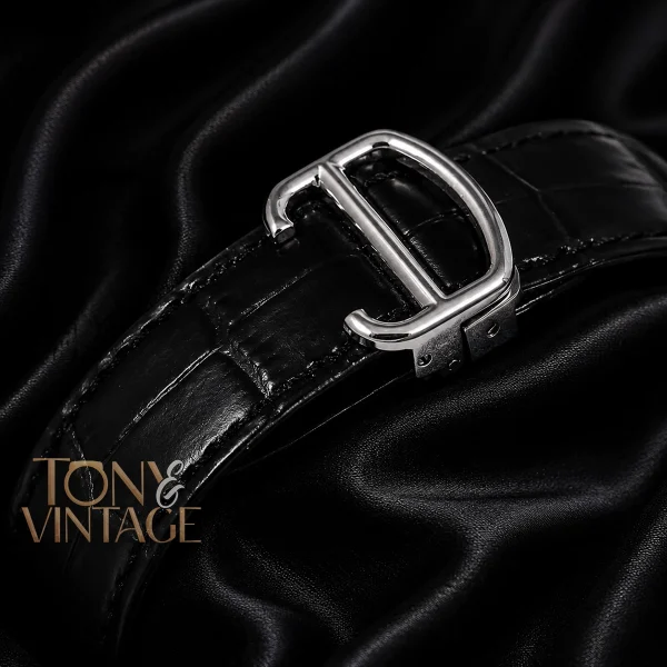 Silver Watch With White Dial and Black Leather Strap