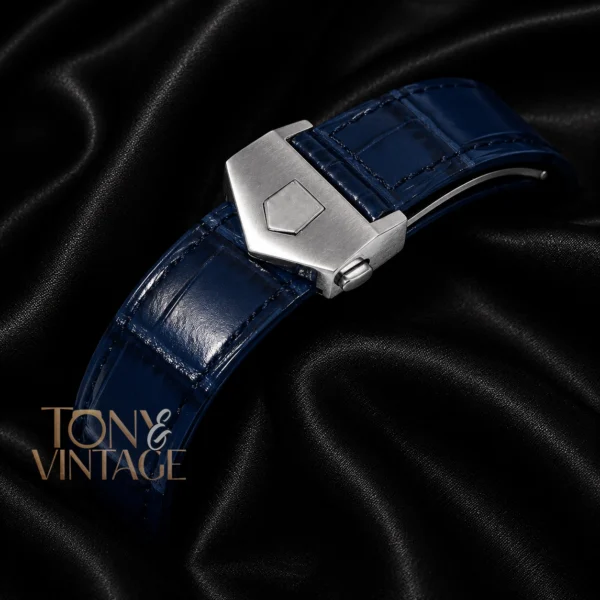 Silver Watch with Blue Dial and Leather Strap