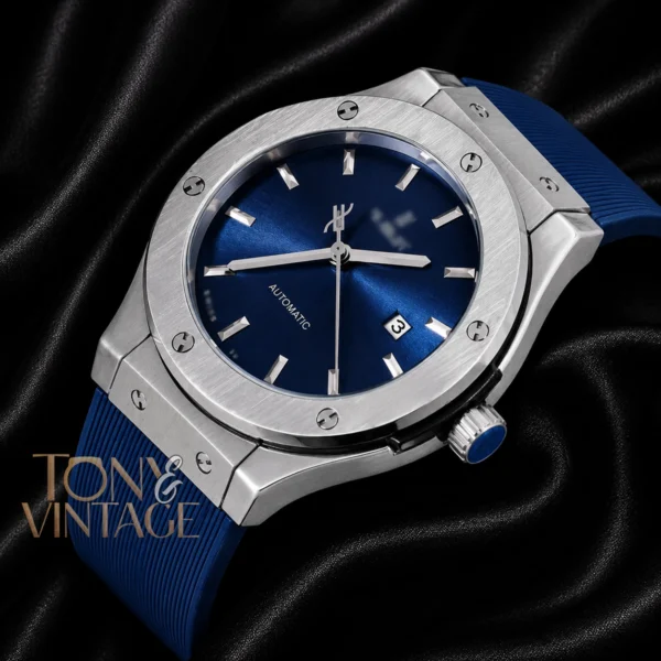 Silver Watch with Blue Dial and PVC Strap