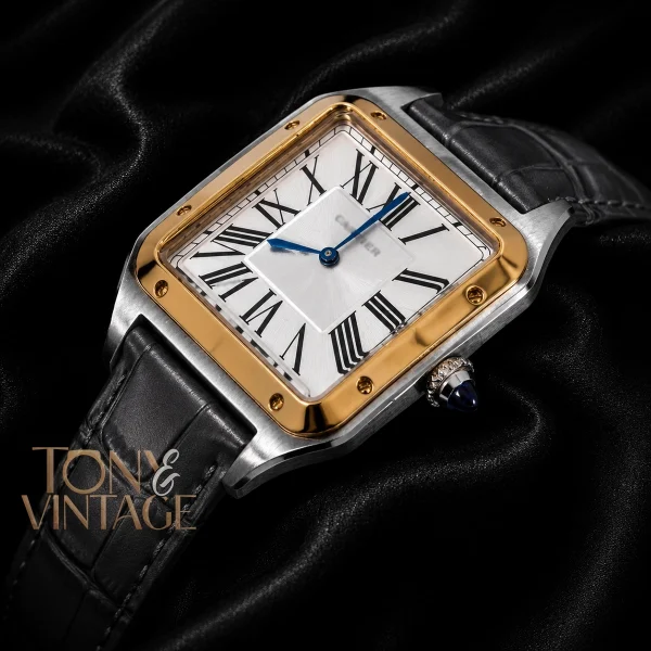 Silver Watch with Gold Bezel, Dial, and Leather Strap