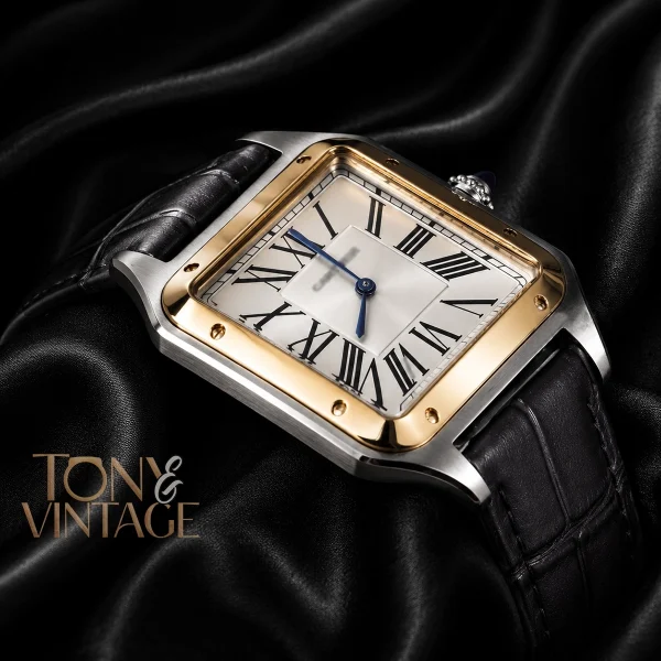 Silver Watch with Gold Bezel, Dial, and Leather Strap 2 copy Silver Watch With Gold Bezel Dial And Leather Strap 2