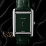 Silver Watch with Green Dial and Leather Strap