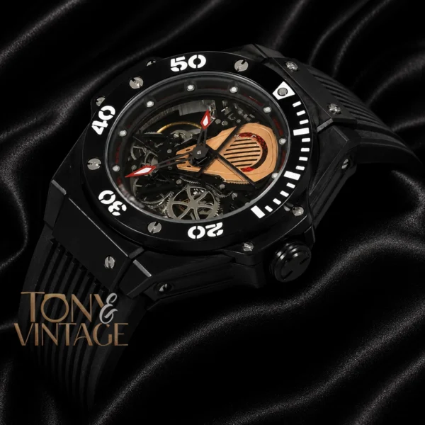 Skeleton All Black Automatic Watch With Black Rubber Strap