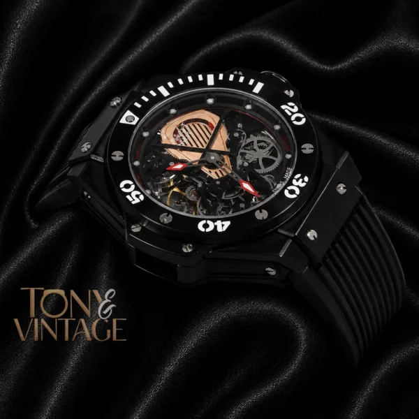 Skeleton All Black Automatic Watch With Black Rubber Strap 2 copy