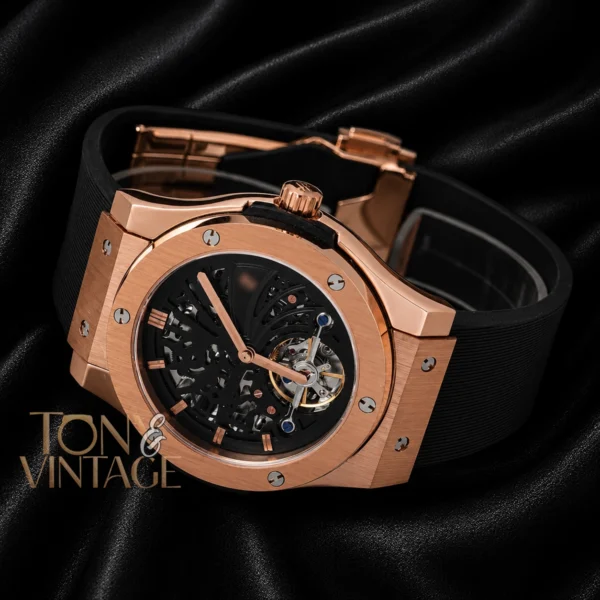 Tourbillon Automatic Rose Gold Watch With Black Skeleton Dial