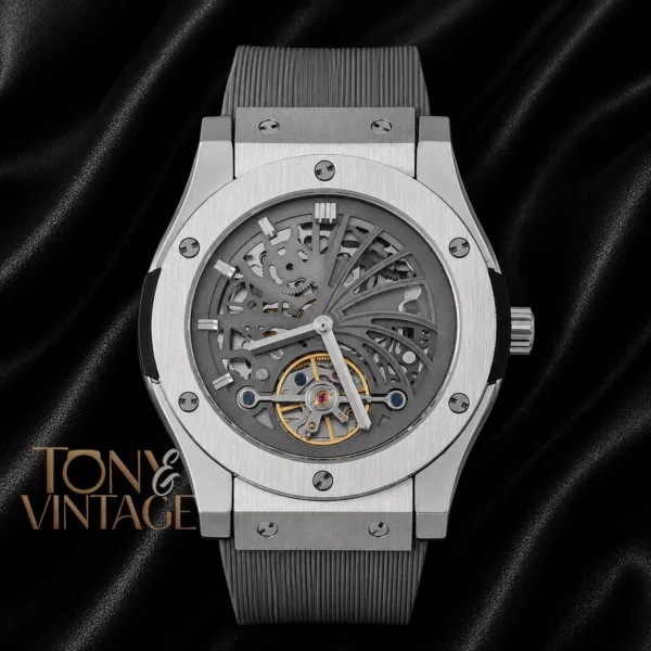Tourbillon Automatic Silver Watch With Gray Skeleton Dial 1 copy