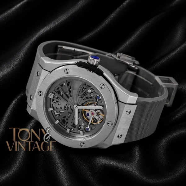 Tourbillon Automatic Silver Watch With Gray Skeleton Dial
