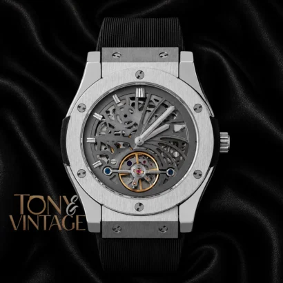 Tourbillon Automatic Watch in Silver With Gray Skeleton Dial