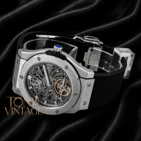 Tourbillon Automatic Watch in Silver With Gray Skeleton Dial