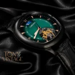 Tourbillon Black Matt Watch with Green Dial and Leather Strap