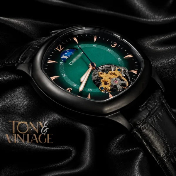 Tourbillon Black Matt Watch with Green Dial and Leather Strap 2 copy