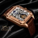 Tourbillon Moon Phase Rose Gold Case with White Skeleton Dial and Brown Leather Strap