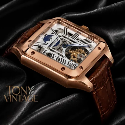 Tourbillon Moon Phase Rose Gold Case with White Skeleton Dial and Brown Leather Strap