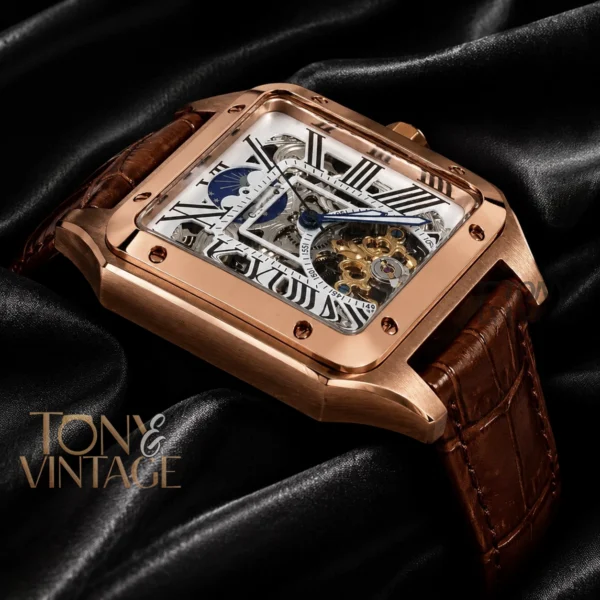 Tourbillon Moon Phase Rose Gold Case with White Skeleton Dial and Brown Leather Strap 2 copy